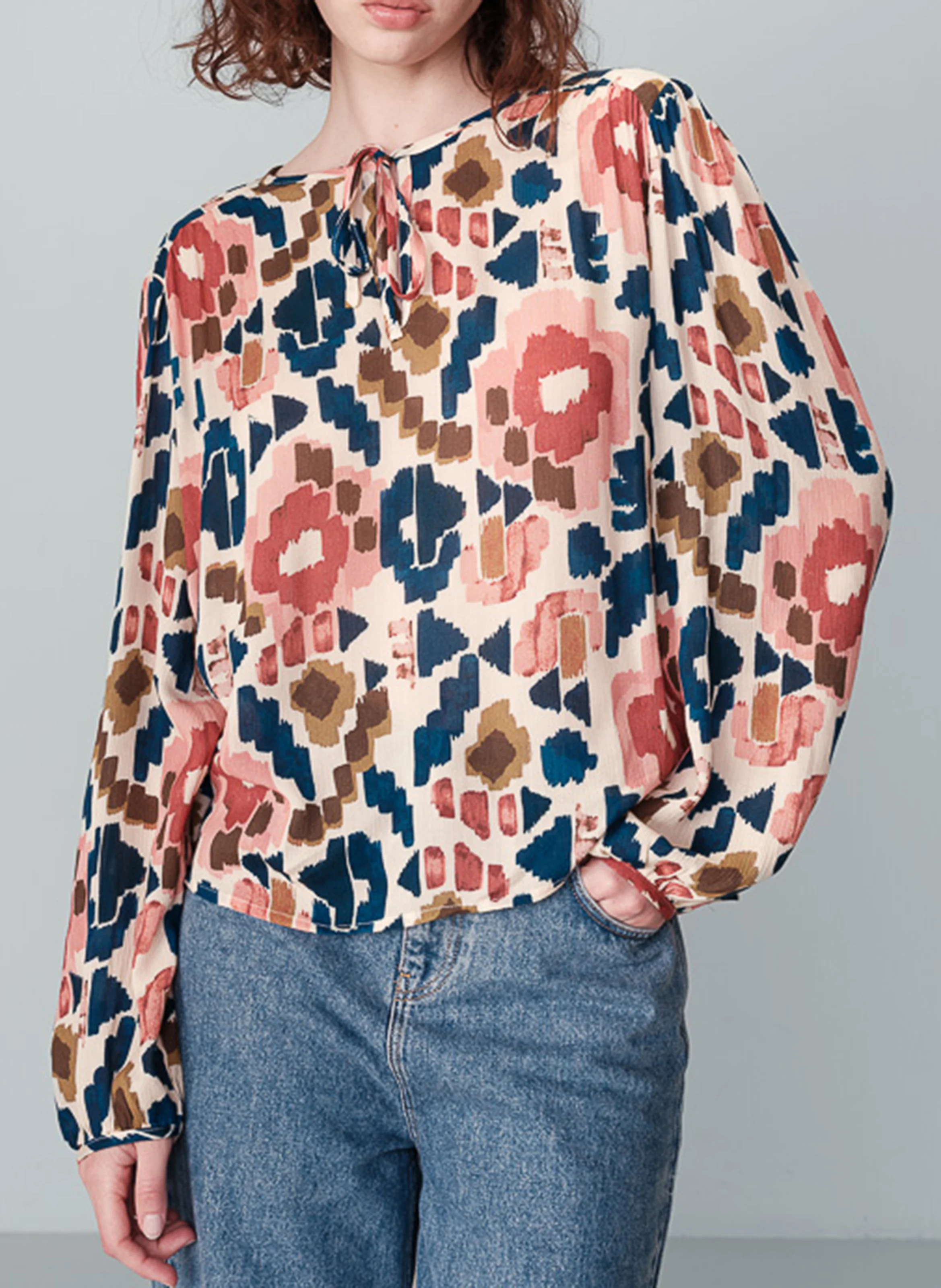 NOLENE - Blouse col rond imprimée | Beige