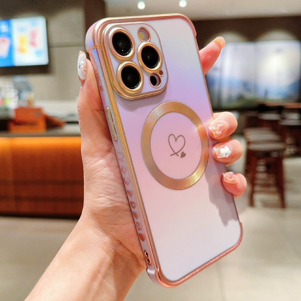 iPhone 16 Pro Max MagSafe Gummi Case Hülle Galvanisierter Rahmen Farbverlauf   Kameraglasschutz - Lila / Gold