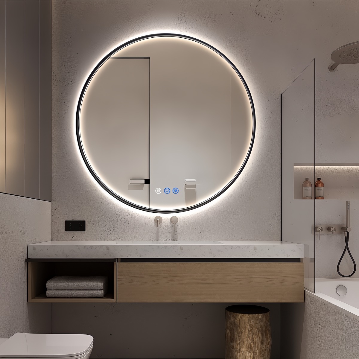 Saniclear Circle Black 2.0 ronde spiegel met verwarming, direct en indirect licht mat zwart 90cm