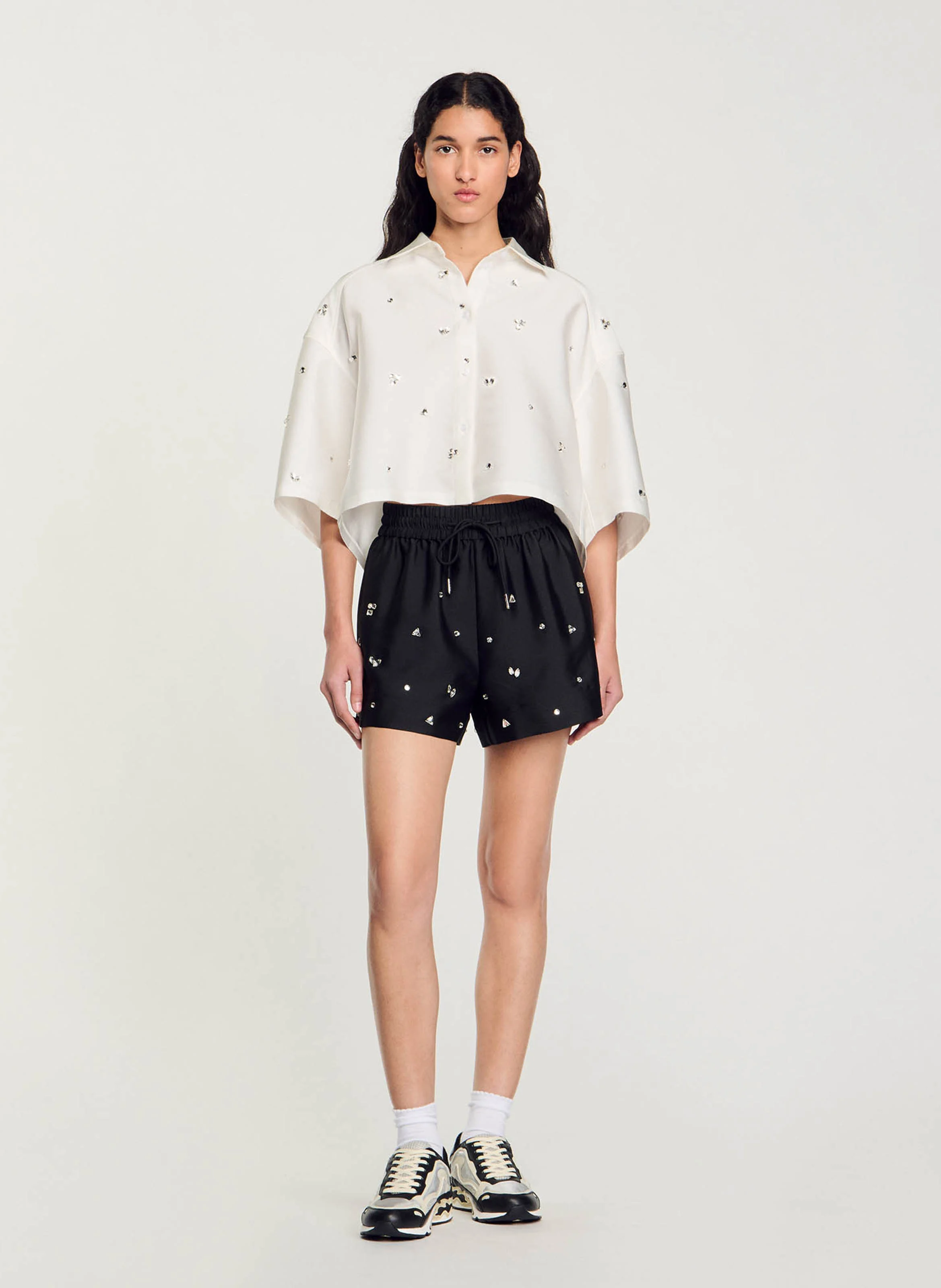 Short taille haute à strass | Noir