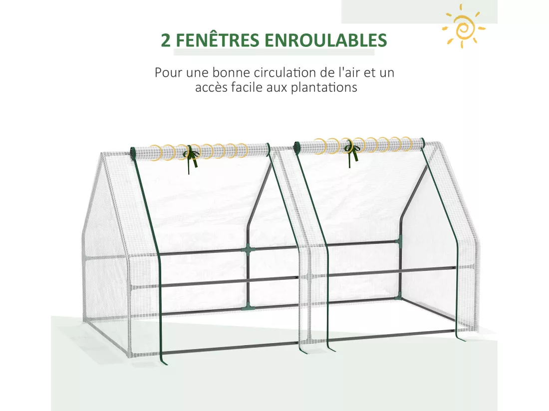 Mini serre de jardin serre à tomates 180L x 90l x 90H cm acier PE haute densité 140 g/m² anti-UV 2 fenêtres avec zip enroulables blanc