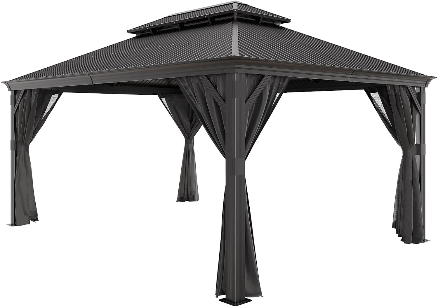 JUMMICO Pavillon 3,65 x 4,85 m Wasserdicht Stabil Winterfest,Hardtop Pavillion mit Doppeldach,Gartenpavillon mit Vorhängen und Moskitonetzen,Pavilion für Hinterhöfe, Gärten und Rasenflächen, Grau