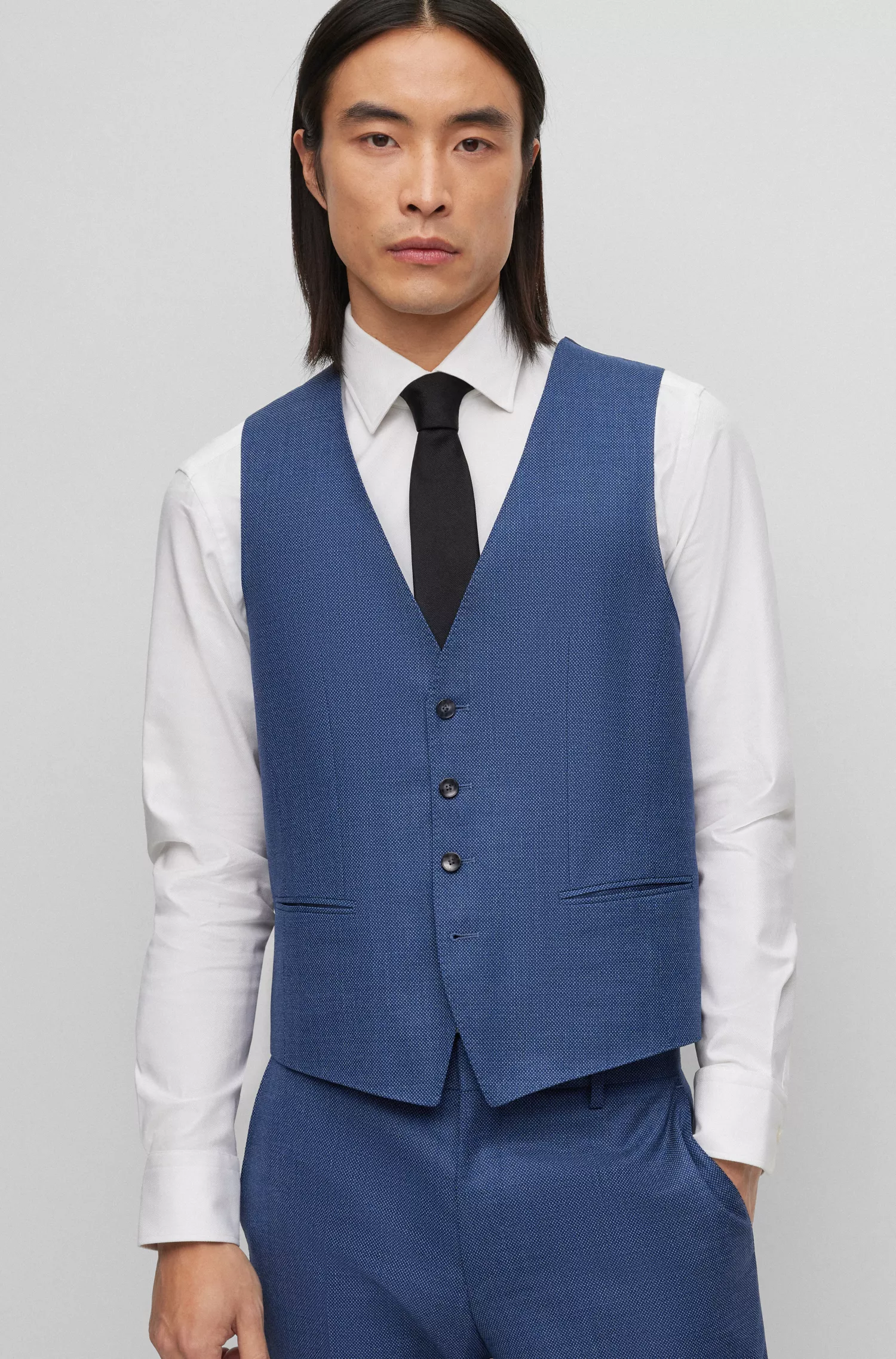 Terno slim fit de três peças BOSS preto em mistura de lã.