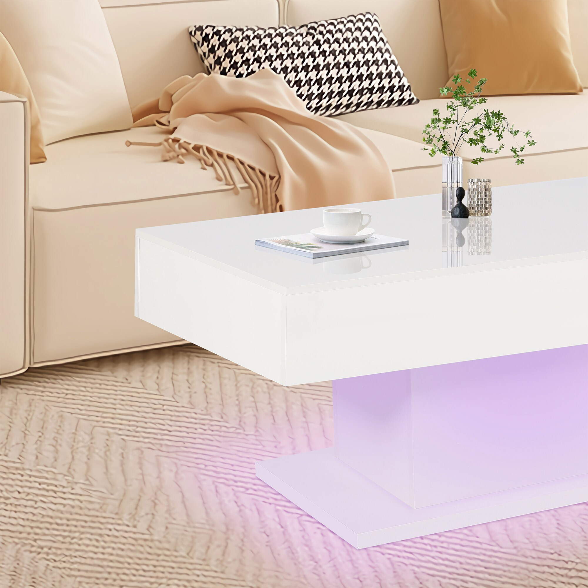 Makika Couchtisch mit LED Beleuchtung USB / Design Wohnzimmertisch Hochglanz in Weiß