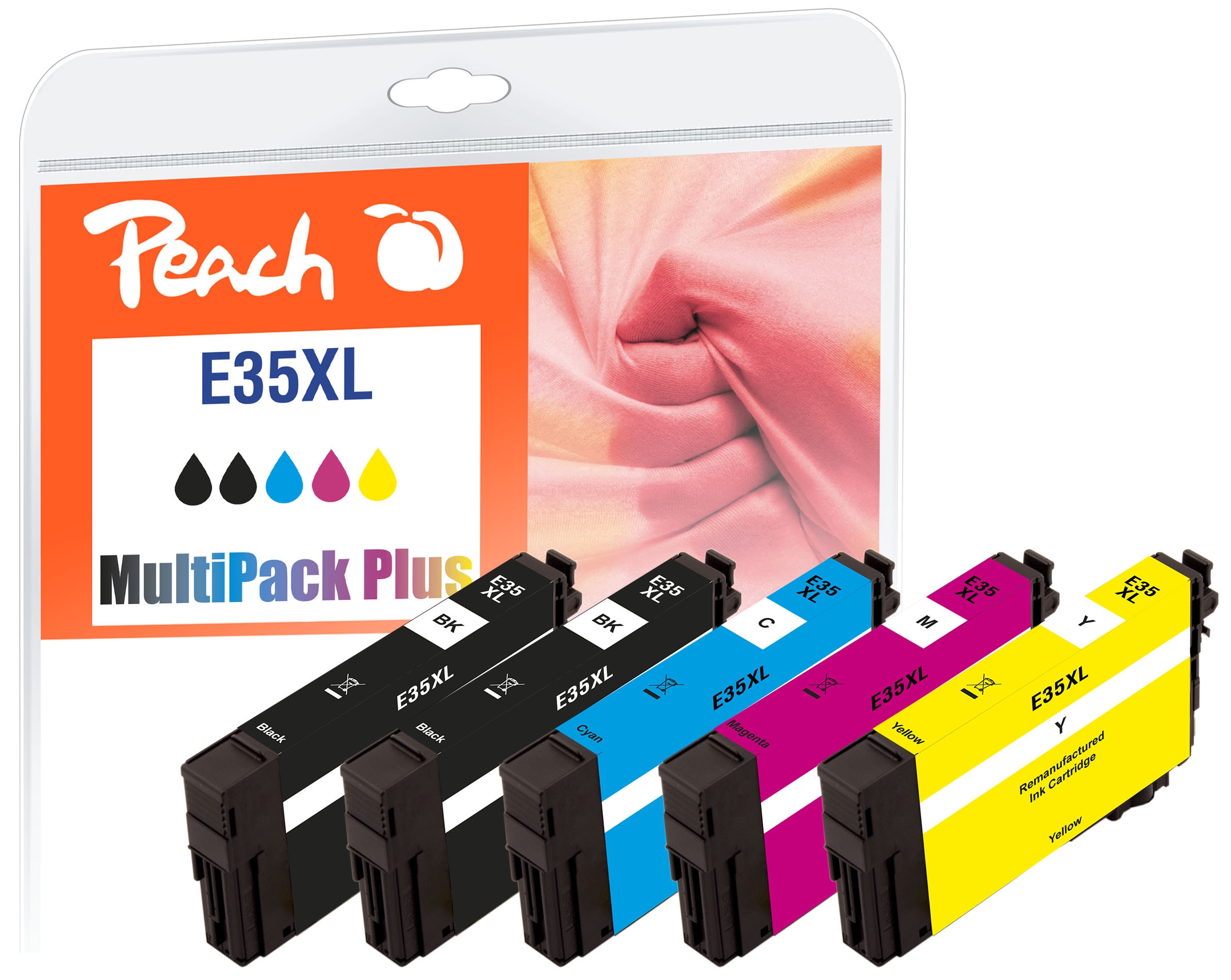 Peach E35 XL 5 Druckerpatronen XL (2*bk, c/m/y) ersetzt Epson No. 35XL, T3591*2, T3592, T3593, T3594 für z.B. Epson WorkForce Pro WF -4720 DWF (wiederaufbereitet)