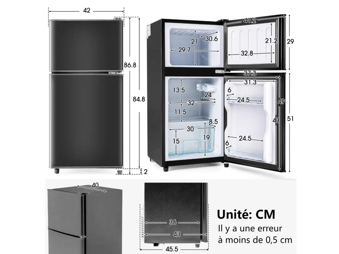 Réfrigérateur 22L+38L avec LED, pieds réglable, 172 kWh/an, -27 °C à 13 °C, 7 Niveau Température, énergétique E, 42x45.5x86.8cm