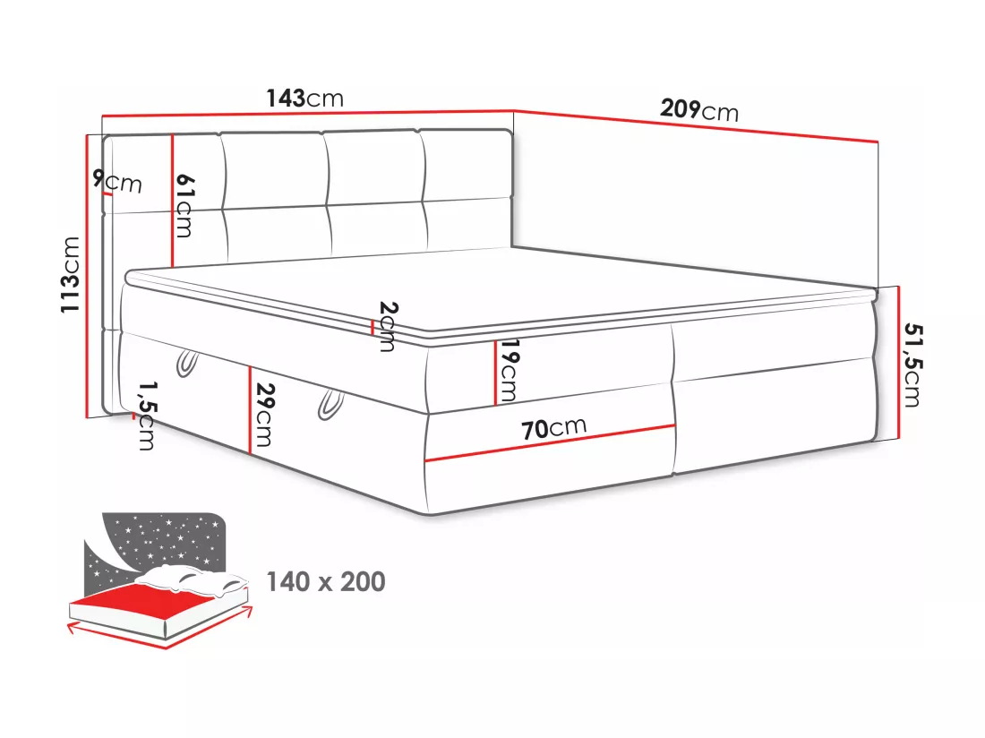 Lit continental ComfiDream 187, Double, Continental, Brun clair, 140x200, Tapisserie,