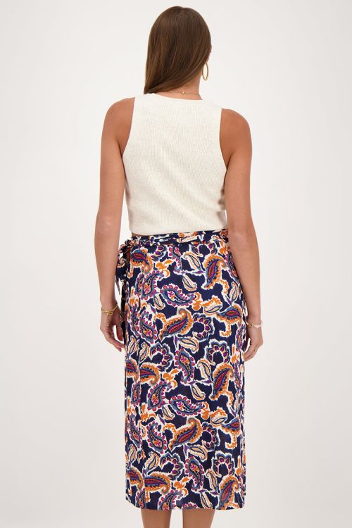 Donkerblauwe midi wikkelrok met paisleyprint