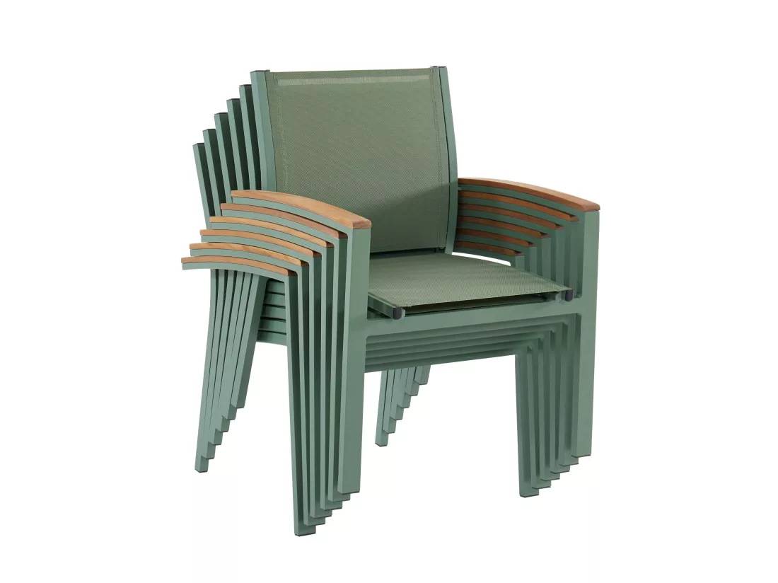 Salle à manger de jardin en aluminium : une table extensible L.180/240cm et 6 fauteuils empilables avec accoudoirs acacia - Vert amande - NAURU de MYLIA