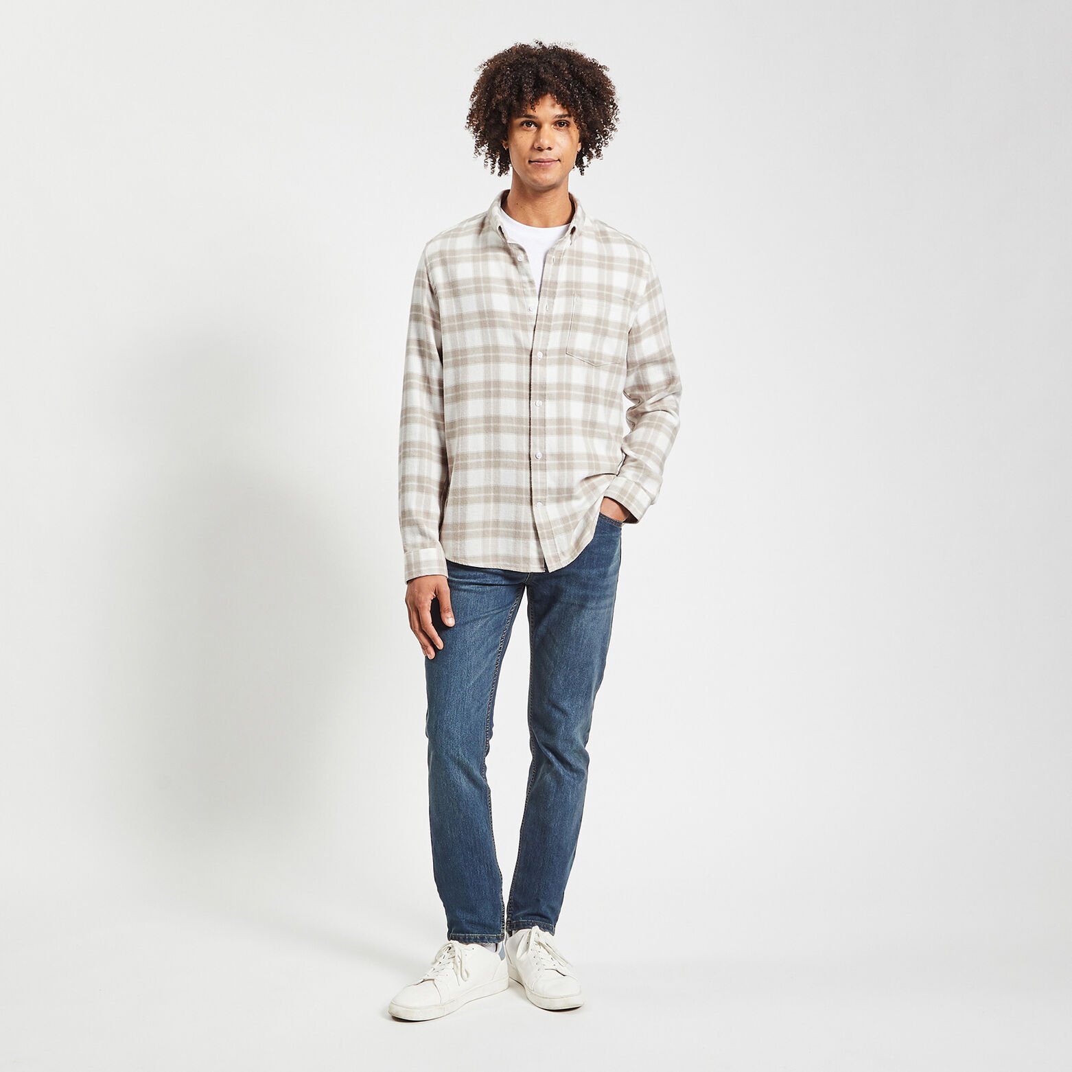 Chemise regular carreaux coton recyclé flanelle Ecru