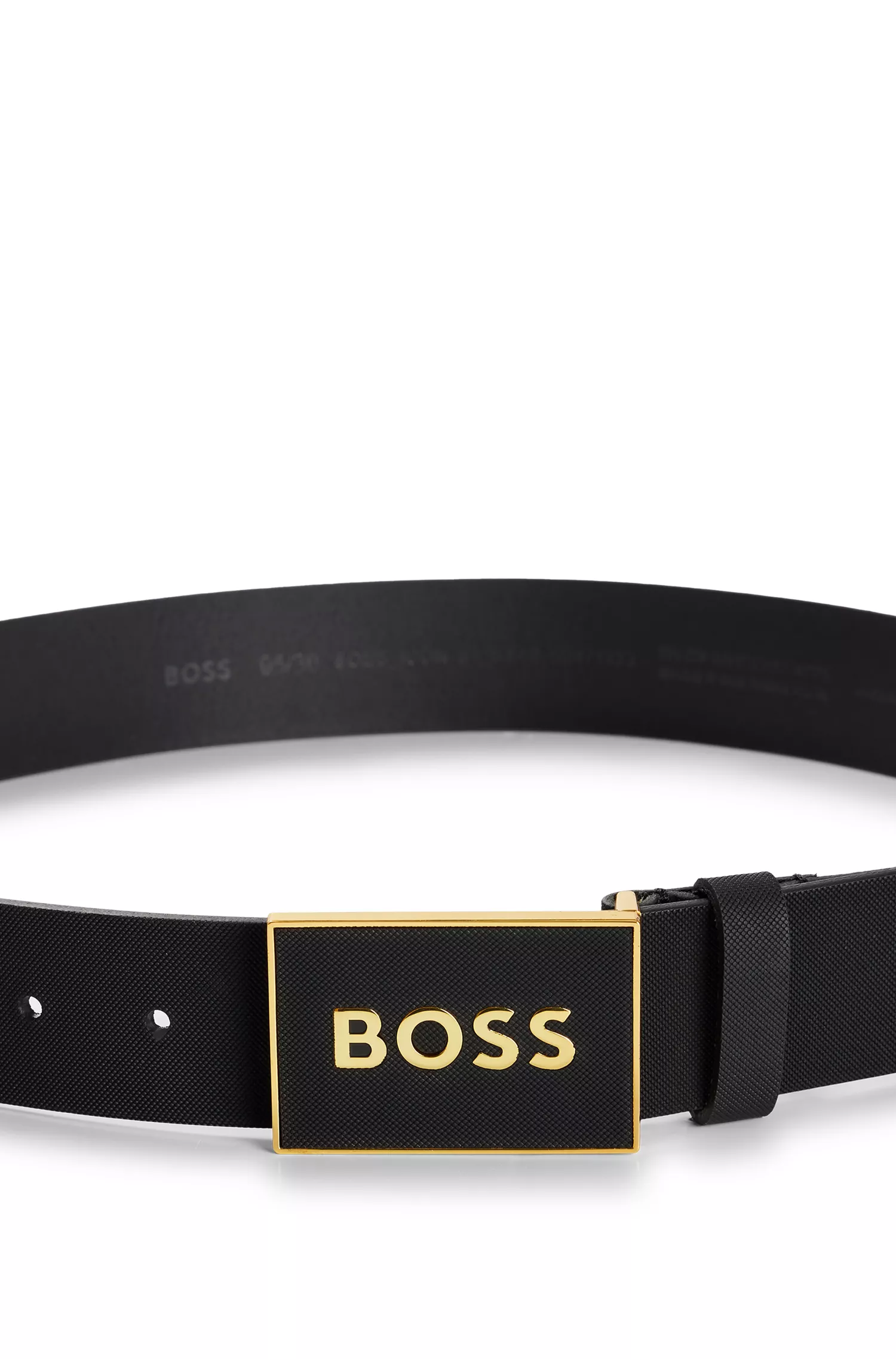 Cinto BOSS em couro italiano preto com fivela de placa texturizada