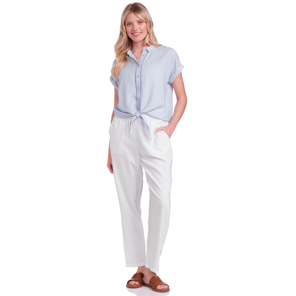 Gina Benotti Damen Leinen-Hose mit Elastikbund weiss