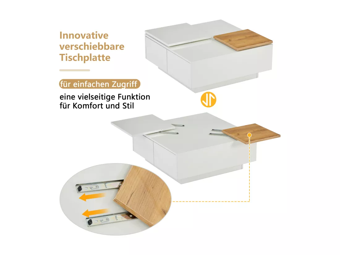 Table basse carrée moderne en bois blanc laqué 75x75x33,5 cm avec plateau mobile, capacité de charge jusqu'à 30 kg, 4 tiroirs