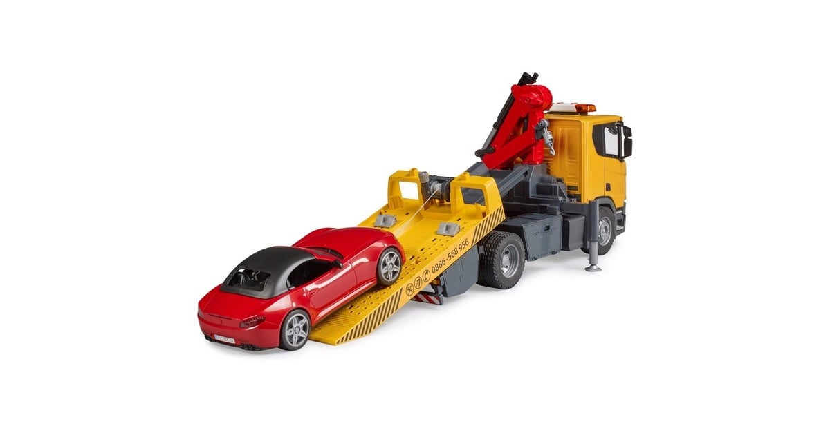 bruderScania Super 560R sleepwagen met kraan en licht en geluid + roadster sportauto Modelvoertuig  (03552)