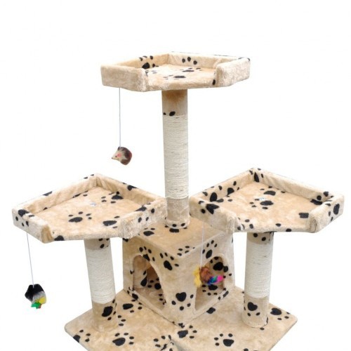 Arranhador e 2 casinhas para gatos, bege, com estampa de patas.