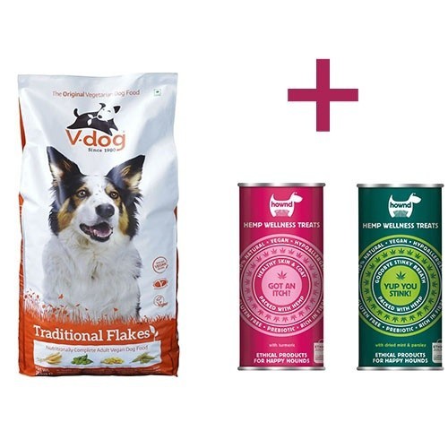 Pacote de ração vegana para cães com grãos e petiscos.