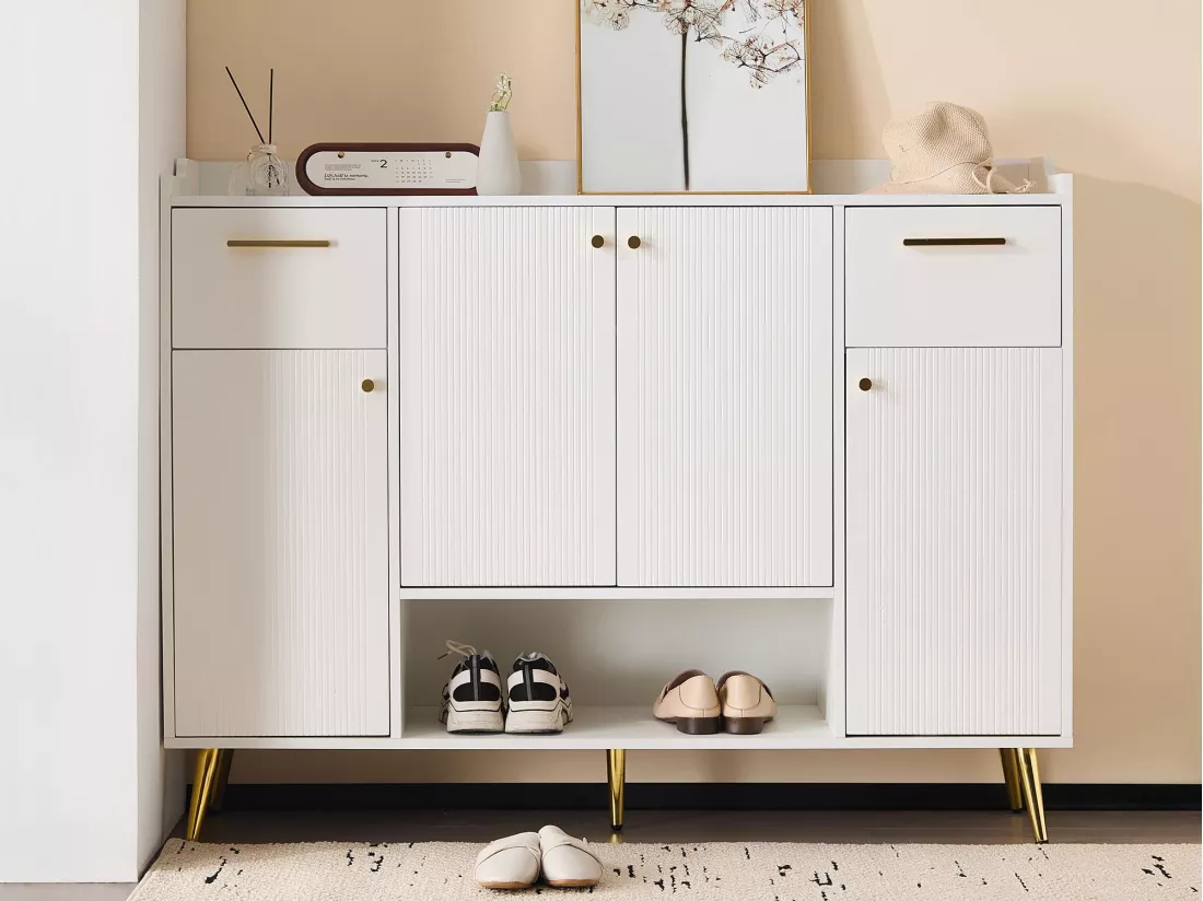 Meuble à chaussures - 2 tiroirs + 4 portes + compartiment ouvert - Blanc