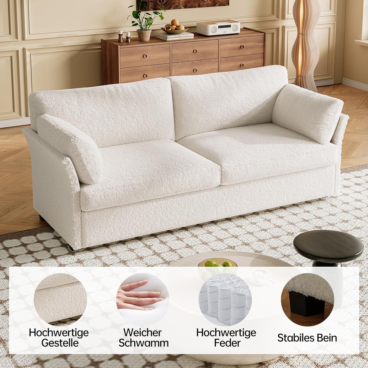 Guyii 186 cm Stoffsofa 3-Sitzer – Weiches Polstersofa für Wohnzimmer, Bequeme Couch in Hellfarbe, Moderne Stoffcouch mit Armlehnen,Ideal als Loungesofa