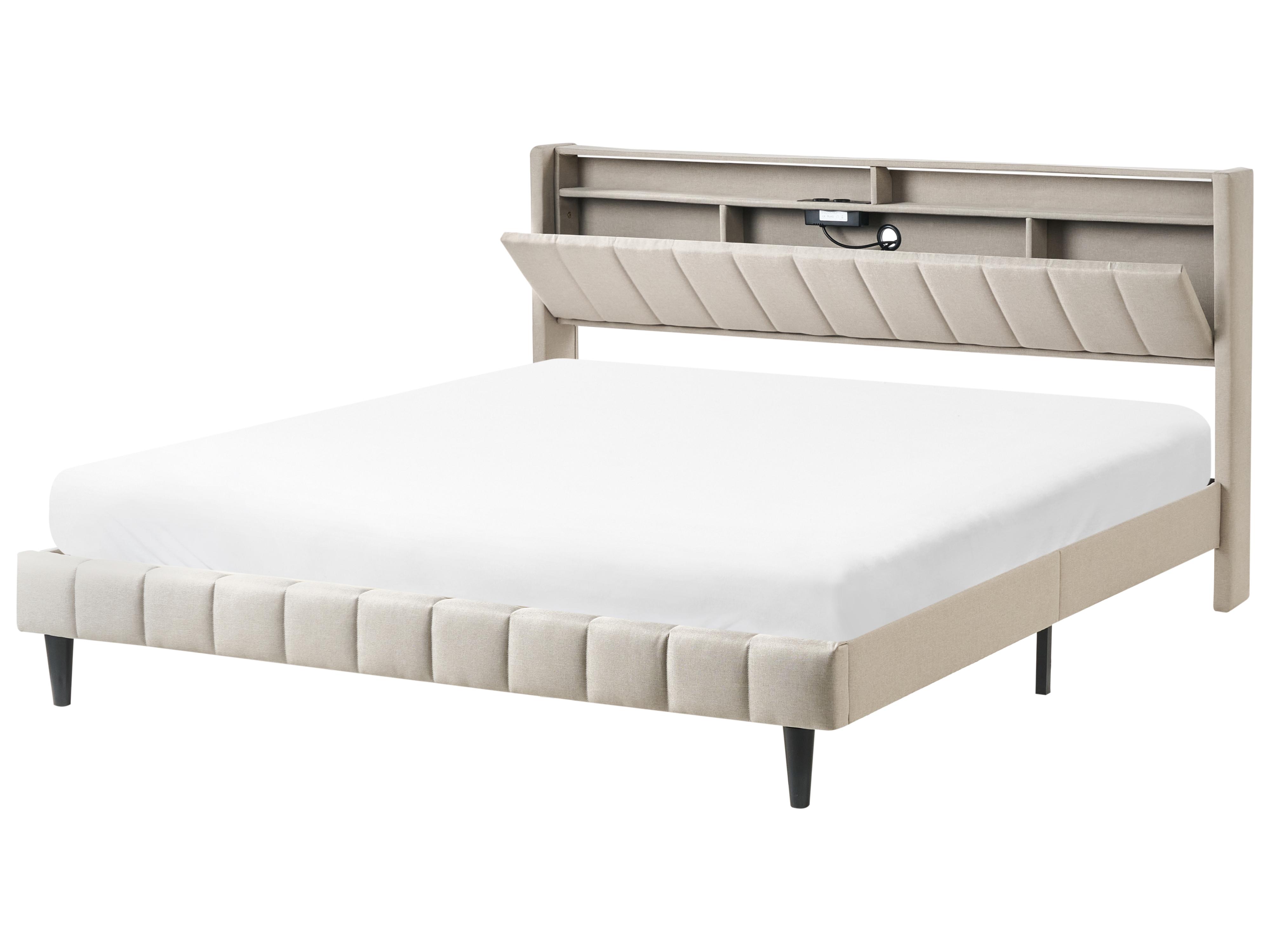 Bed met LED-verlichting Stof BEAULIEU 180 x 200 cm met opbergruimte met USB-poort Beige
