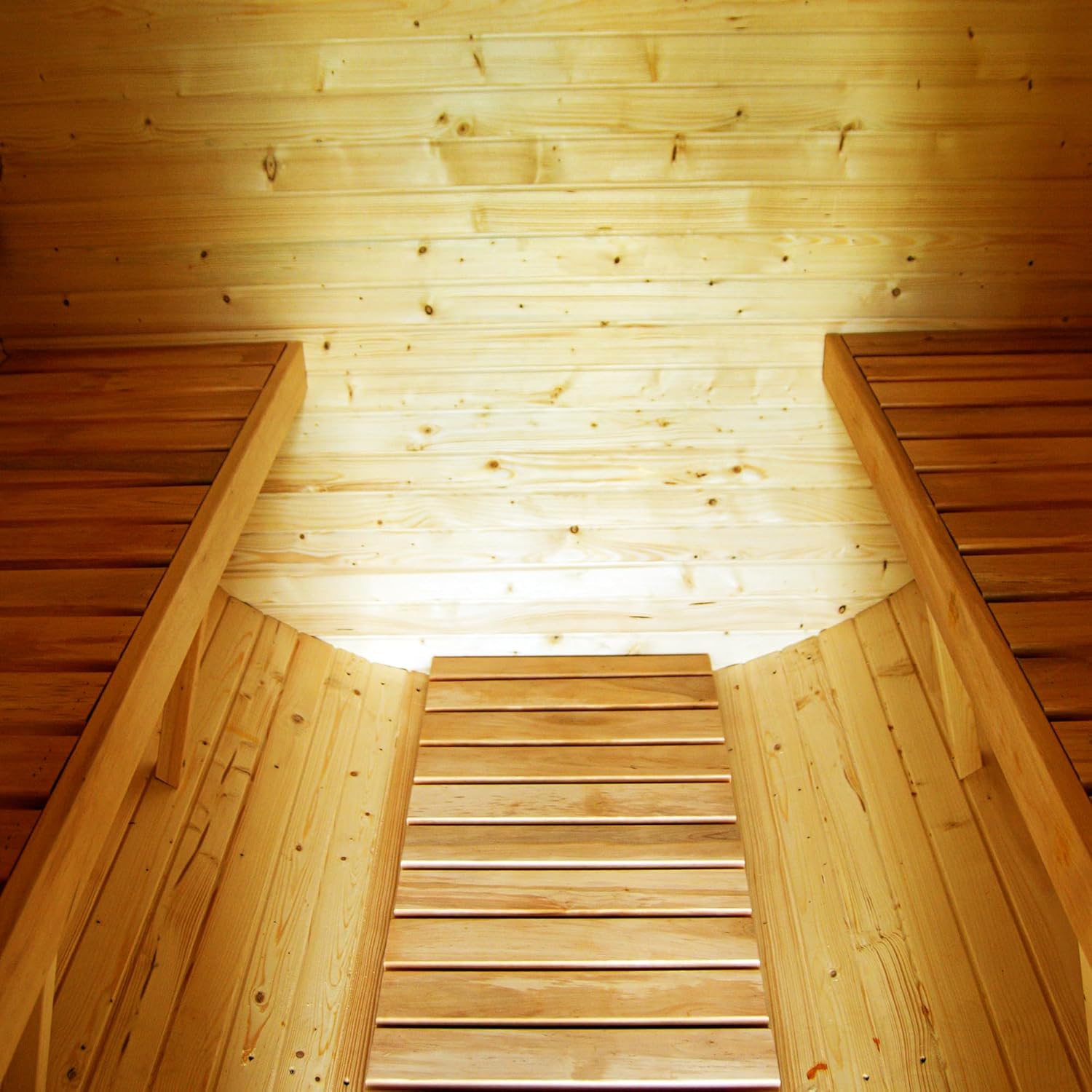 Gartensauna Fasssauna aus Holz für 4 Personen, Rund | Mit LED-Beleuchtung Außensauna für Garten & Terrasse (‎Dachfarbe: Braun, Weiß)
