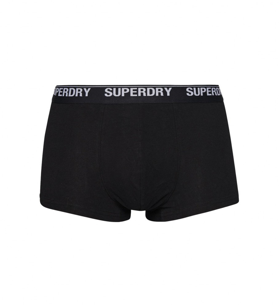 Cuecas Superdry de algodão orgânico, pacote com 3 unidades, nas cores cinza, laranja e preta.