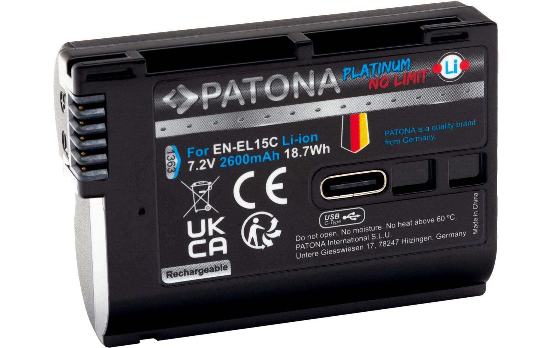 Digitalkamera-Akku Platinum Nikon EN-EL15C mit USB-CAusdauernder Ersatzakku für Nikon EN-EL15C