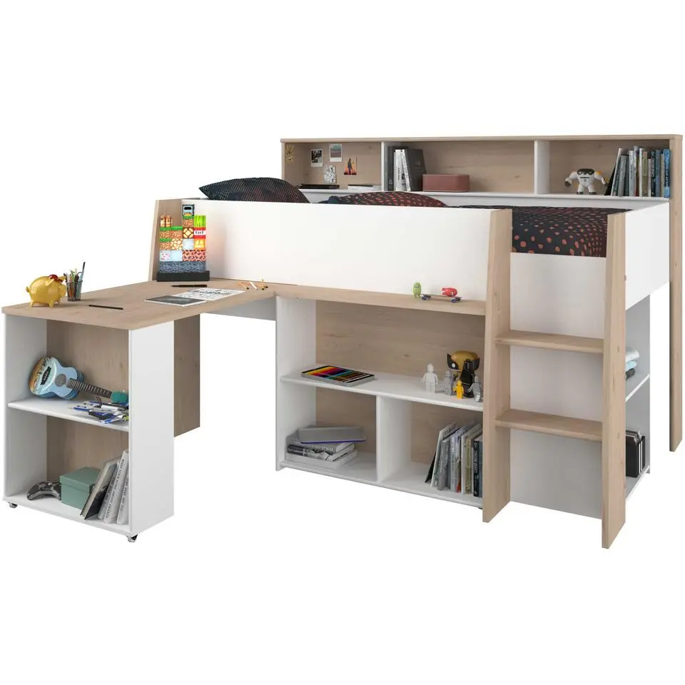 Halfhoogslaper Duffy 90x200cm met bureau - wit / eikdecor