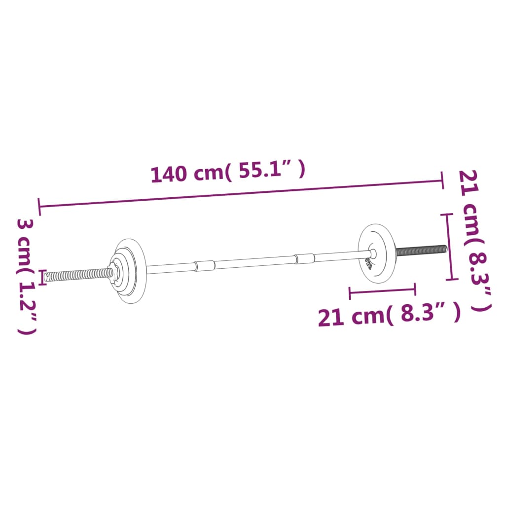 Conjunto de barra e halteres Vidaxl de 30 kg (3 unidades de 140 cm)