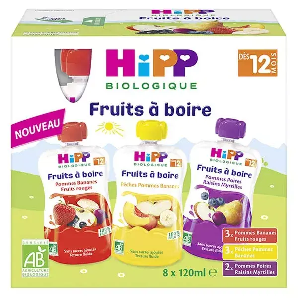Hipp Sucos de Frutas Orgânicas, Pacote com 8 Unidades de 120ml + 3 Variedades