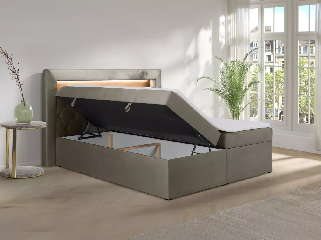 Ensemble complet literie déco tête de lit avec led + sommiers coffre + matelas + surmatelas - 160 x 200 cm - Velours - Taupe - ORANA de YSMÉE