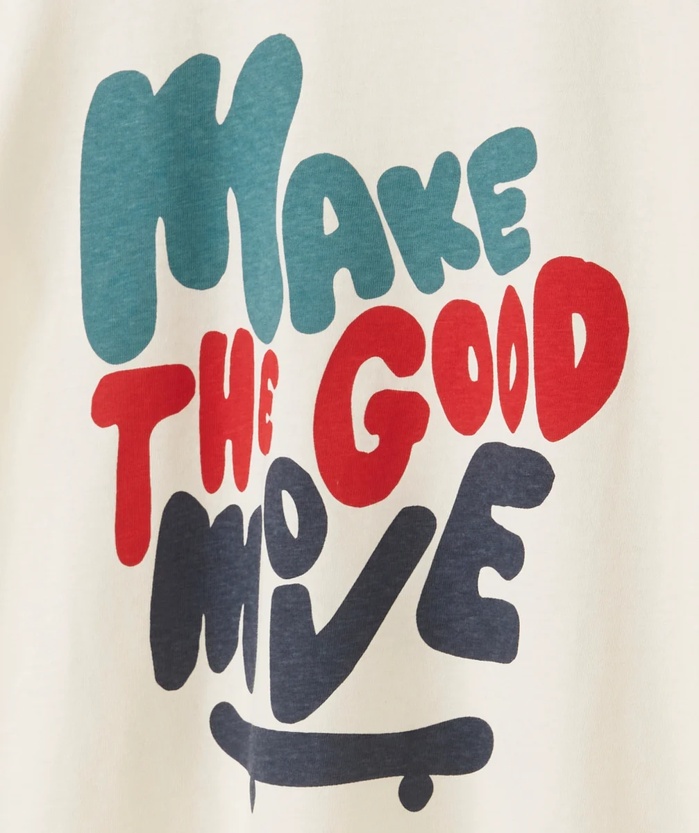 T-SHIRT GARÇON EN COTON BIO ÉCRU AVEC MESSAGE ET SKATE