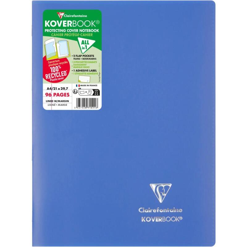 Cahier piqué Koverbook A4 96 pages ligné + marge couverture polypropylène opaque 100% recyclé - Assortis