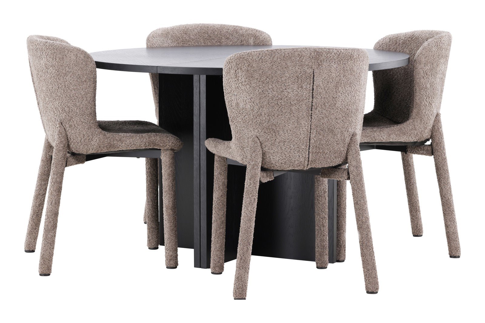 Strada og Astoria Spisegruppe Strada rundt spisebord ø120cm i sort med 4 stk. Astoria spisestoler i Brown Bouclé.