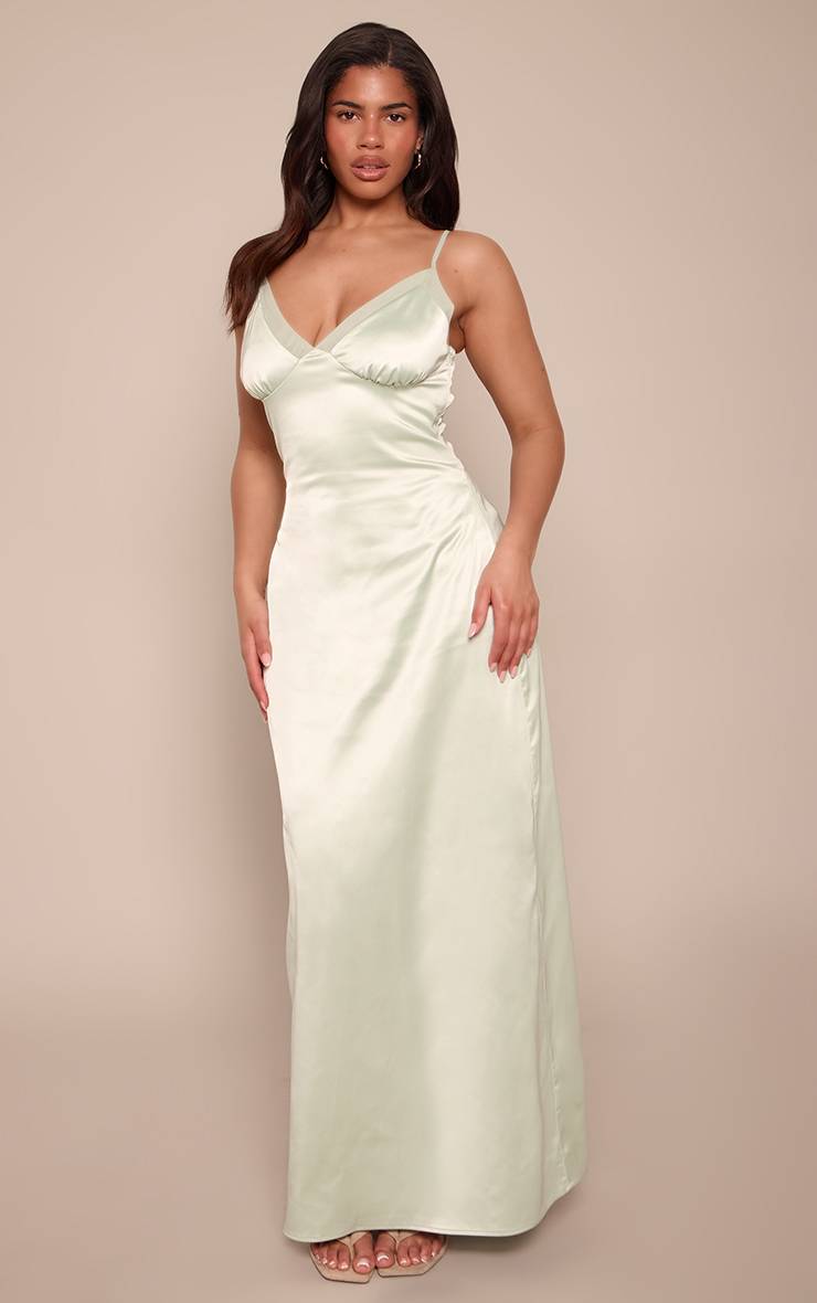 Vert Sauge Robe Longue Moulante En Satin Avec Empiècements En Mesh Contrasté