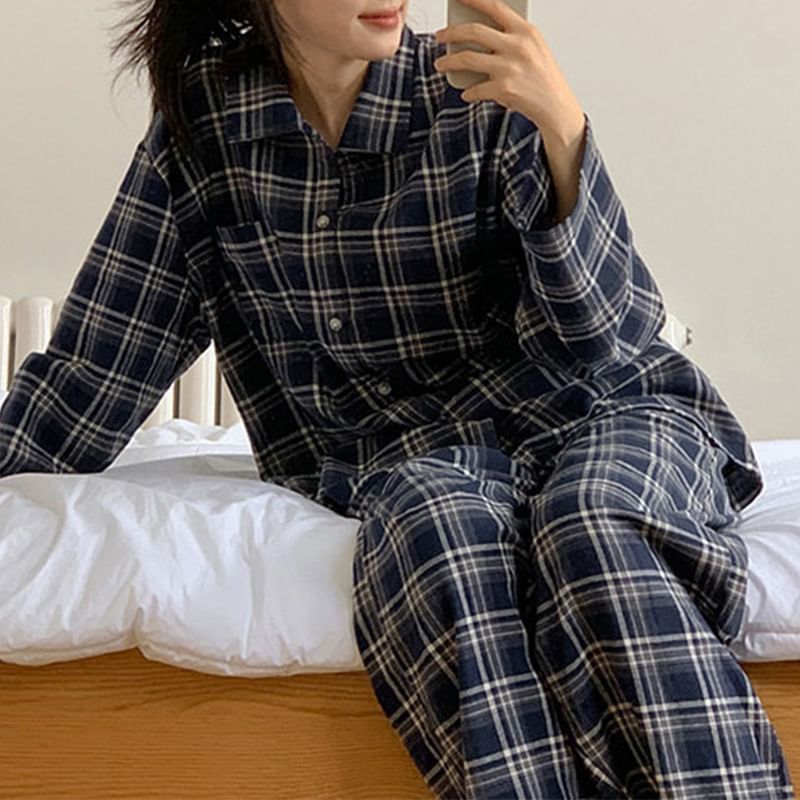 lolliert - Pyjamaset: geruite top met lange mouwen, kraag en knopen + broek
