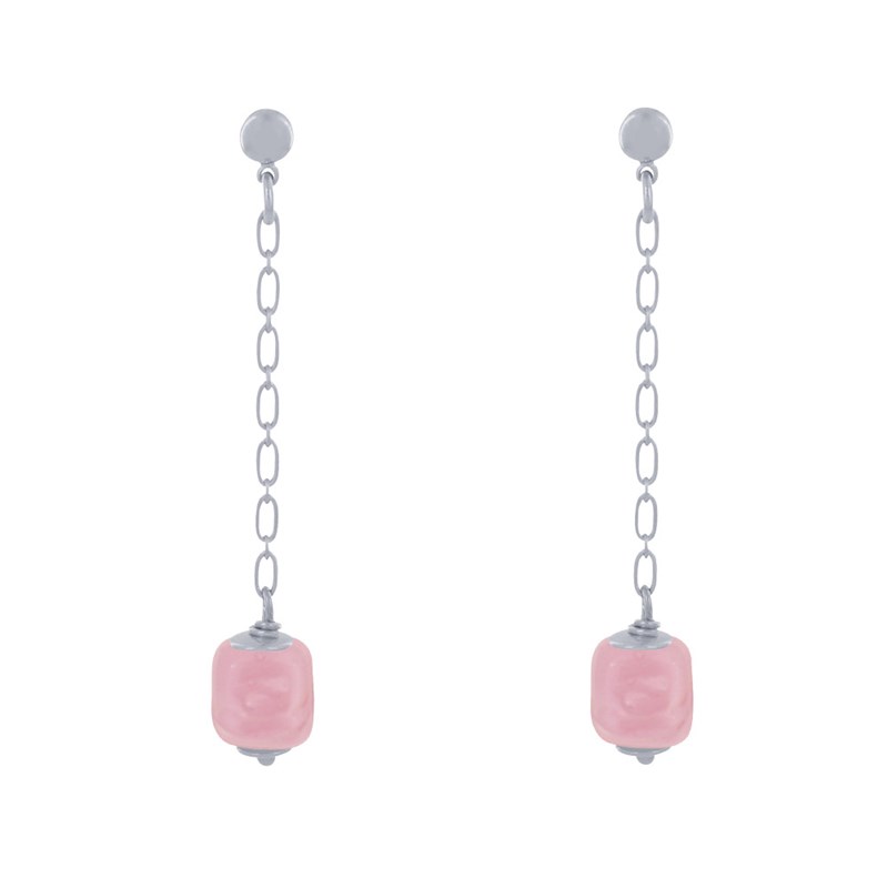 Boucles d'Oreilles Chainette Laiton Argenté et Cube en Céramique