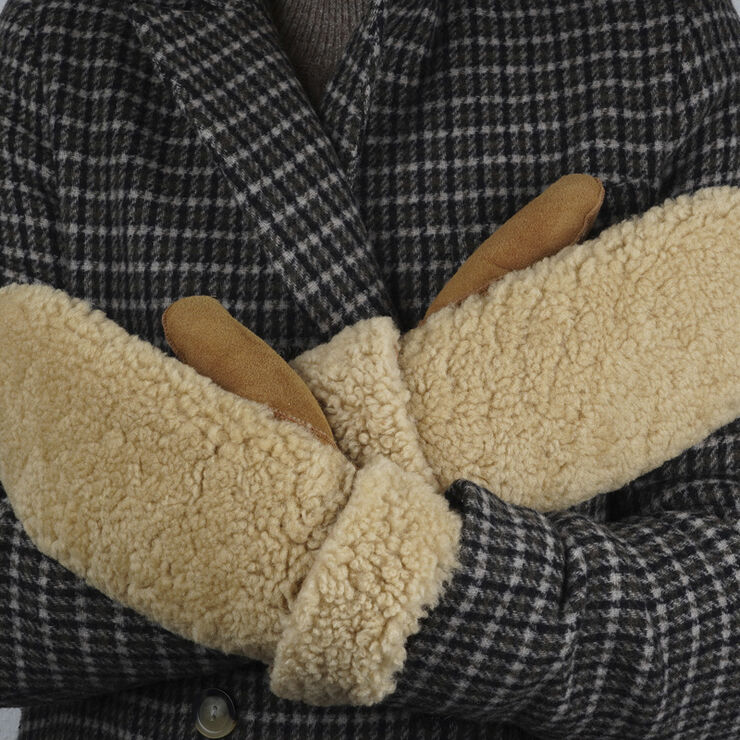 Lovelies COLON - MITTENS - PALM OF SUEDE AND UPPER OF CURLY SHEARLING Champagne / almon