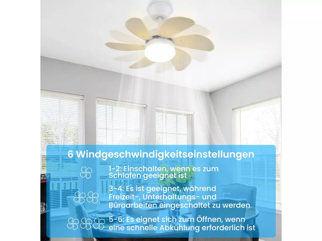 NETTLIFE Ventilateur de plafond blanc avec éclairage, télécommande, silencieux, avec minuterie, 6 pales, pour chambre à coucher