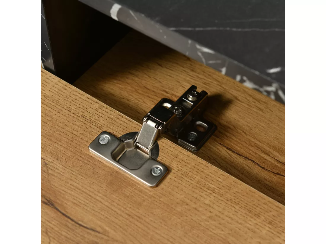 Meuble TV moderne avec design de marbre et de veines de bois -bord en PVC, pieds en fer, couleur bois foncé - 129x30x58cm