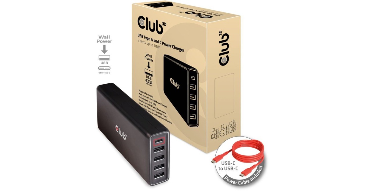 Club 3DUSB Type A and C Power Charger, 5 ports up to 111W  (Zwart)