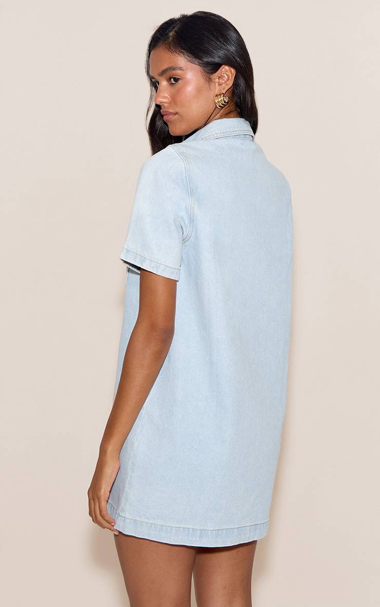 Bleu Clair Robe Chemise En Denim À Surpiqûres Contrastées