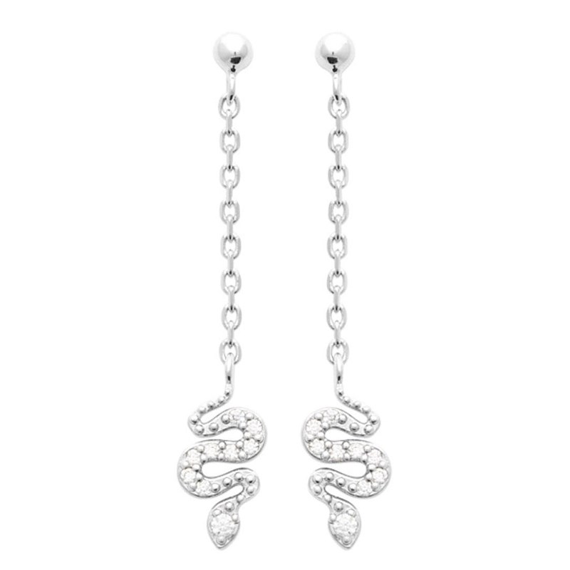 Boucles d'oreilles animal serpent serti d'oxydes de zirconiums avec chainette Argent 925 Rhodié