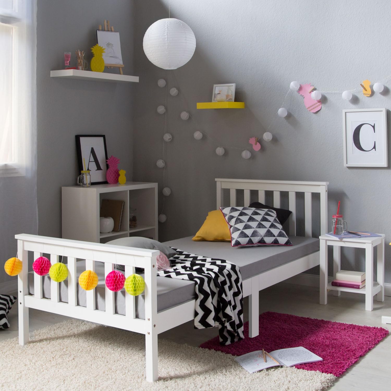 Homestyle4u Kinderbett Holzbett 90x200 mit Lattenrost Weiß Bett Bettgestell Jugendbett Kiefer Holz Massivholz
