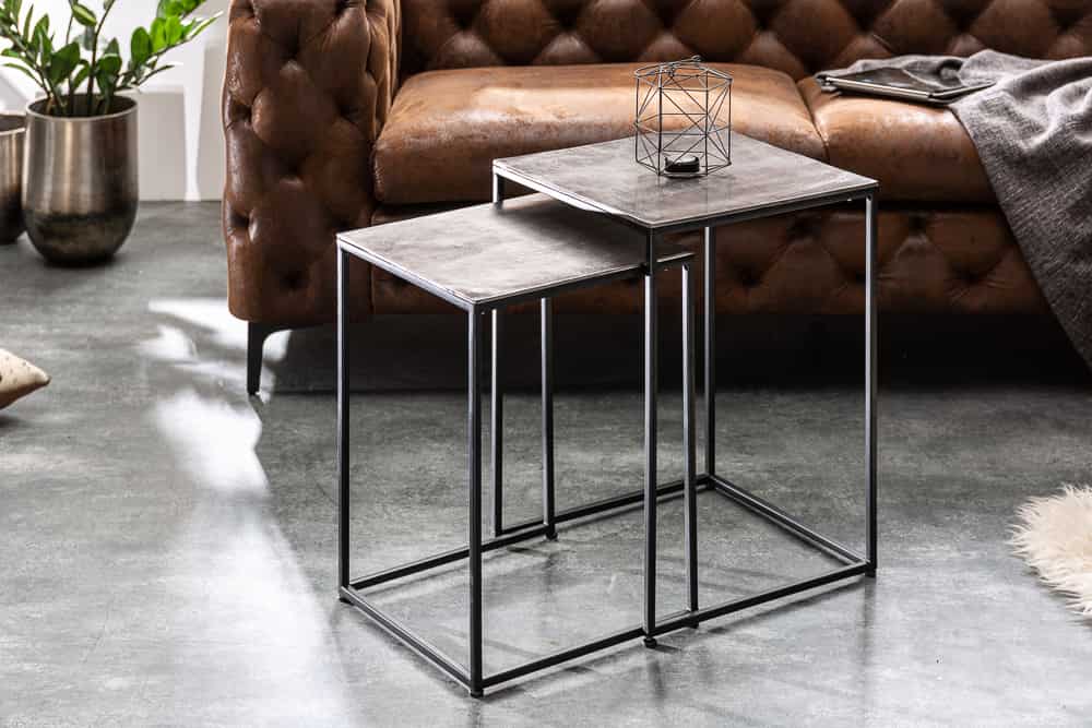 Handgearbeitetes Beistelltisch 2er Set ELEMENTS 40cm silber schwarz Couchtisch