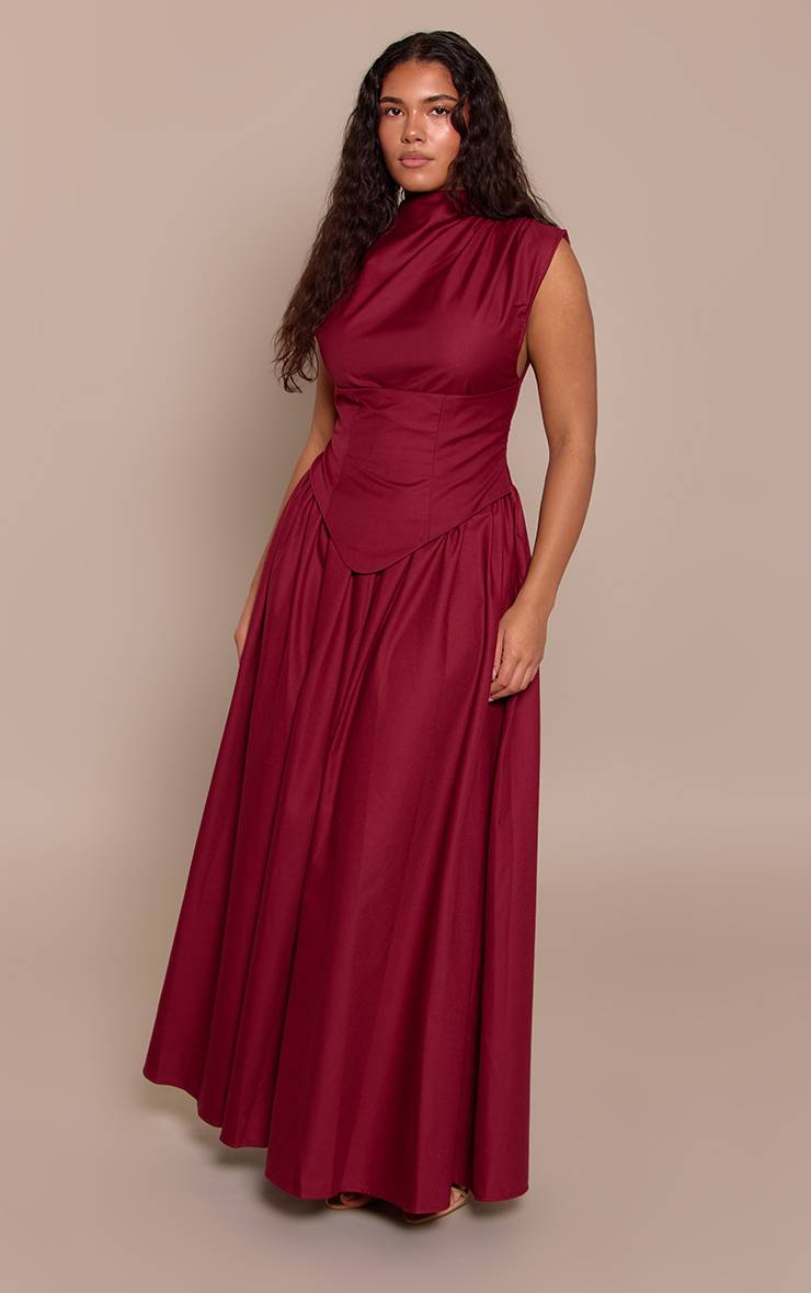 Rouge Bordeaux Robe Longue Moulante Corsétée À Col Montant En Tissu Tissé Shape