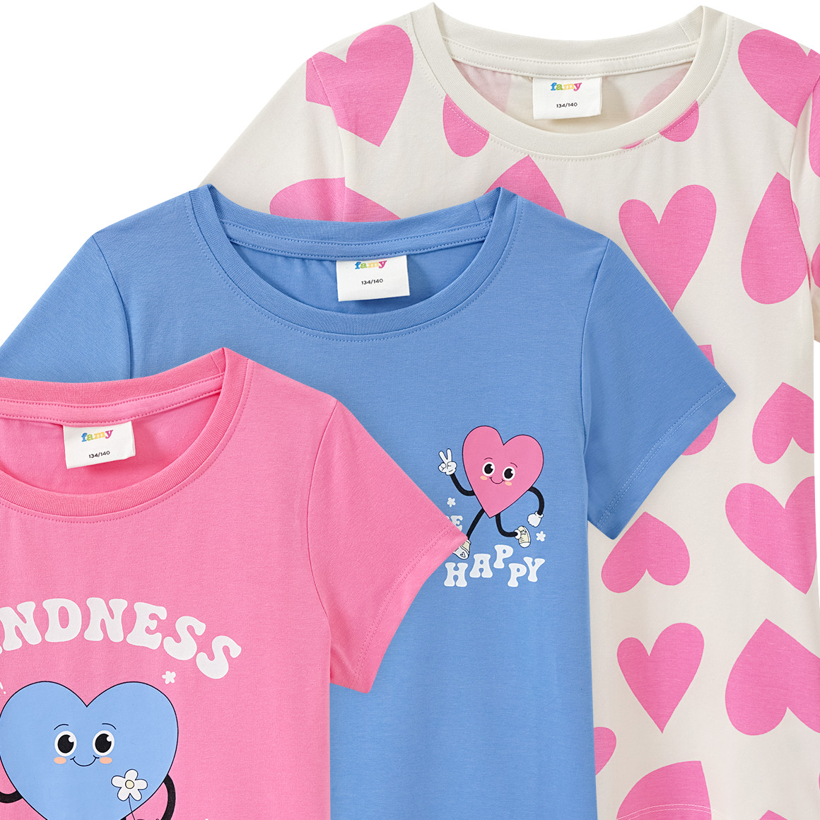 Famy 3 Mädchen T-Shirts mit Prints pink / creme / hellblau