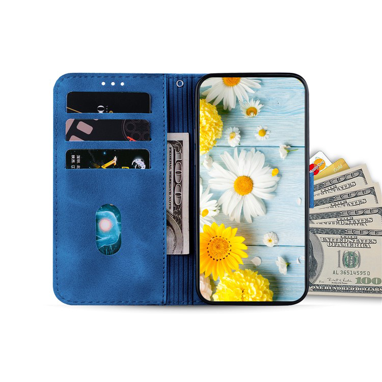 Samsung Galaxy S25 Leder Tasche Wallet - Blumen Imprint - Dunkelblau