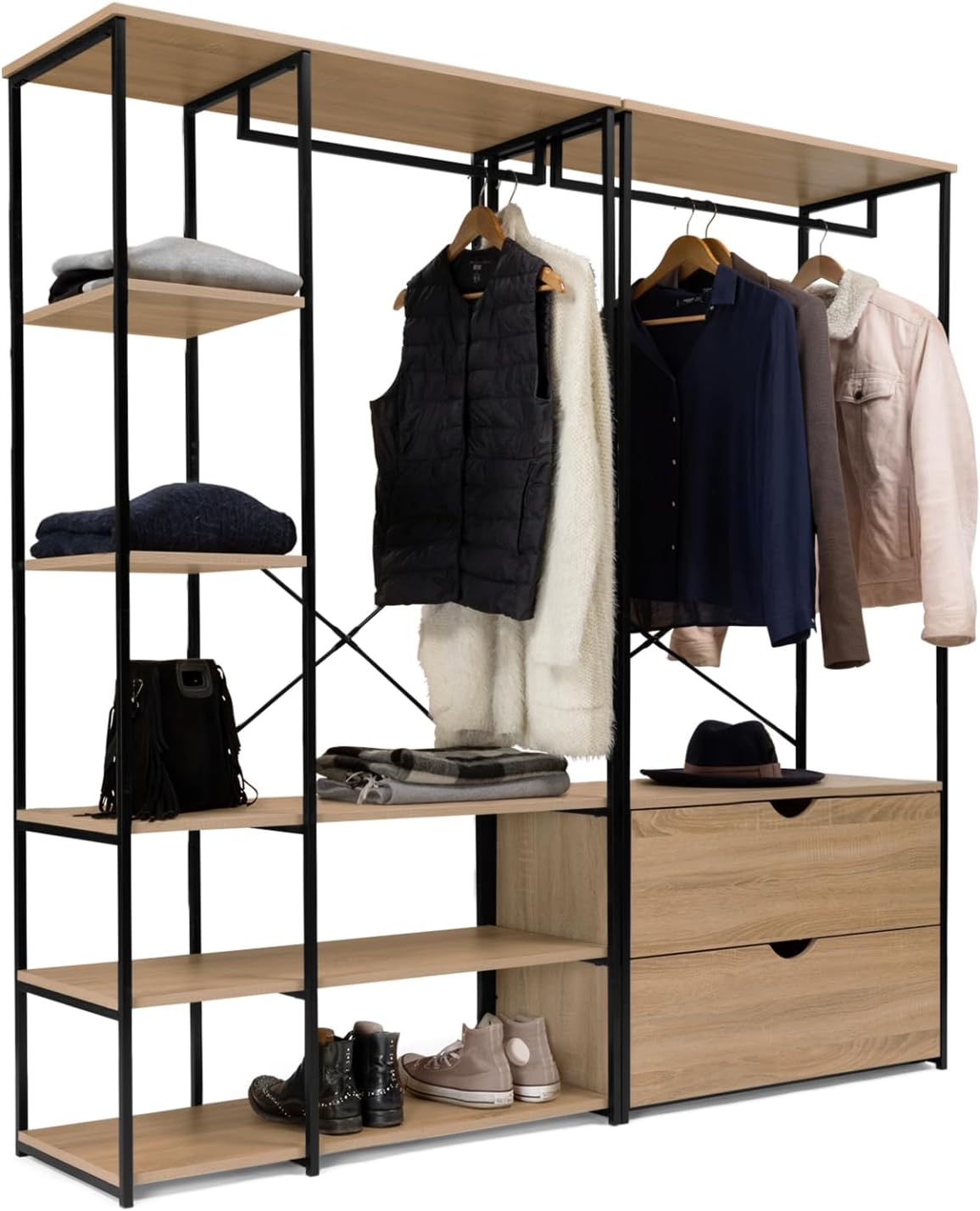 IDMarket - Modularer begehbarer Kleiderschrank mit doppelter Garderobe, Regalen und 2 Schubladen B. 170 cm DETROIT Industriedesign