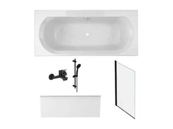 Pack baignoire droite 170 x 75 JACOB DELAFON Elise + tablier niche + pommeau et mitigeur bain noir Aimé + pare bain noir + vidage