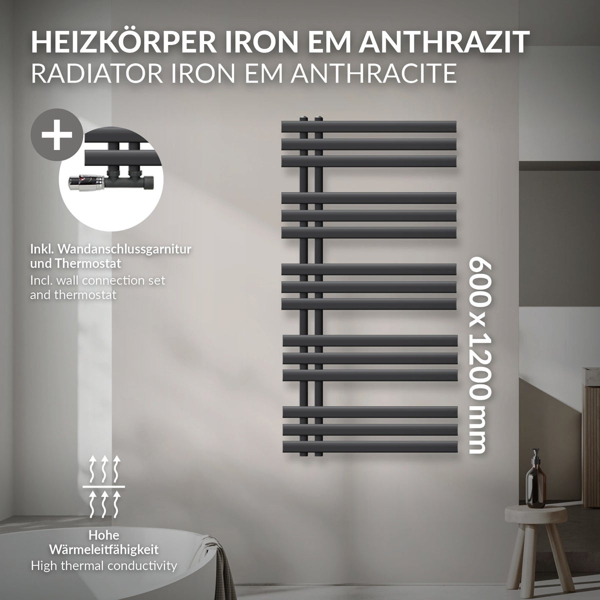LuxeBath badkamerradiator Iron EM 600x1200 mm antraciet middenaansluiting met aansluitset en thermostaat hoekwand, designradiator badkamerverwarming handdoekradiator handdoekdroger handdoekradiator